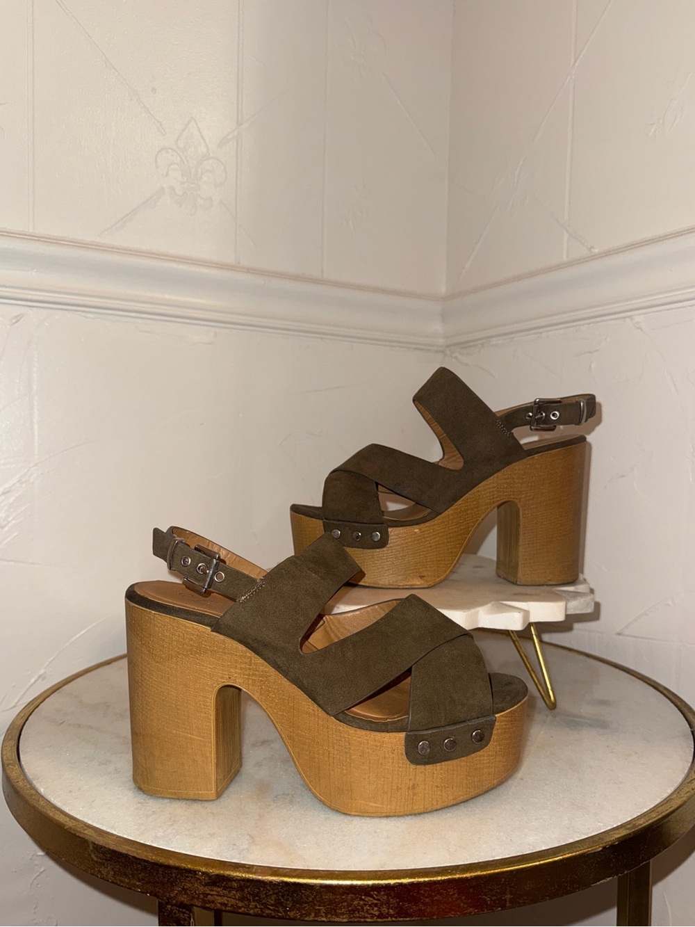 Womens Olive Suede Platform Sandals with Wood Heel